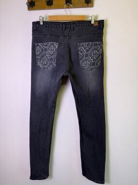 Stacy Adams Black Wash Straight Leg Jeans 36x32 Monogram Pocket Stretch Denim